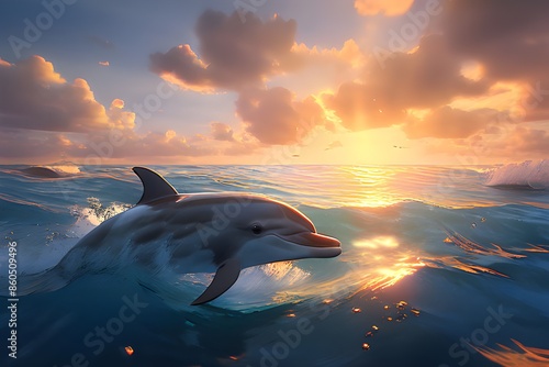 Dolphin living in its natural habitat, in the beatiful sea swimming and jumping out of the water