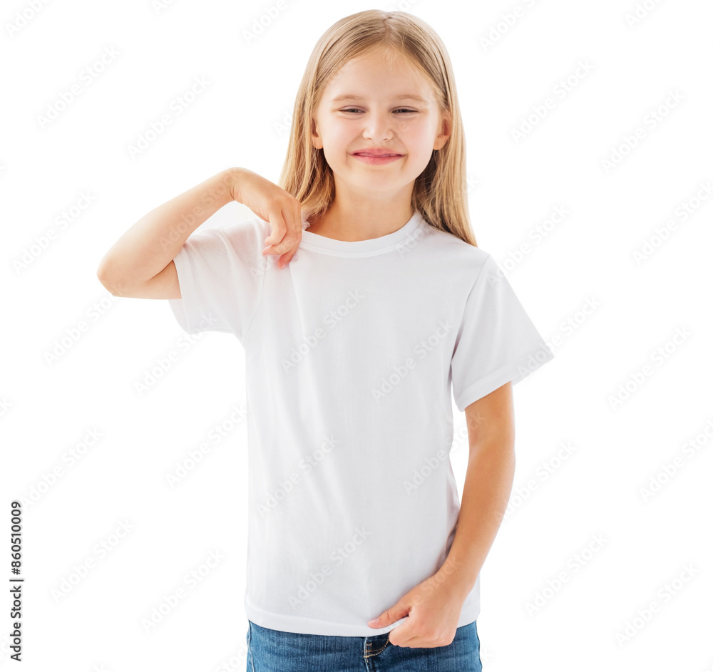 Cute smiling little girl showing white blank t-shirt isolated on a white background Cute smiling little girl showing white blank t-shirt isolated on a white background