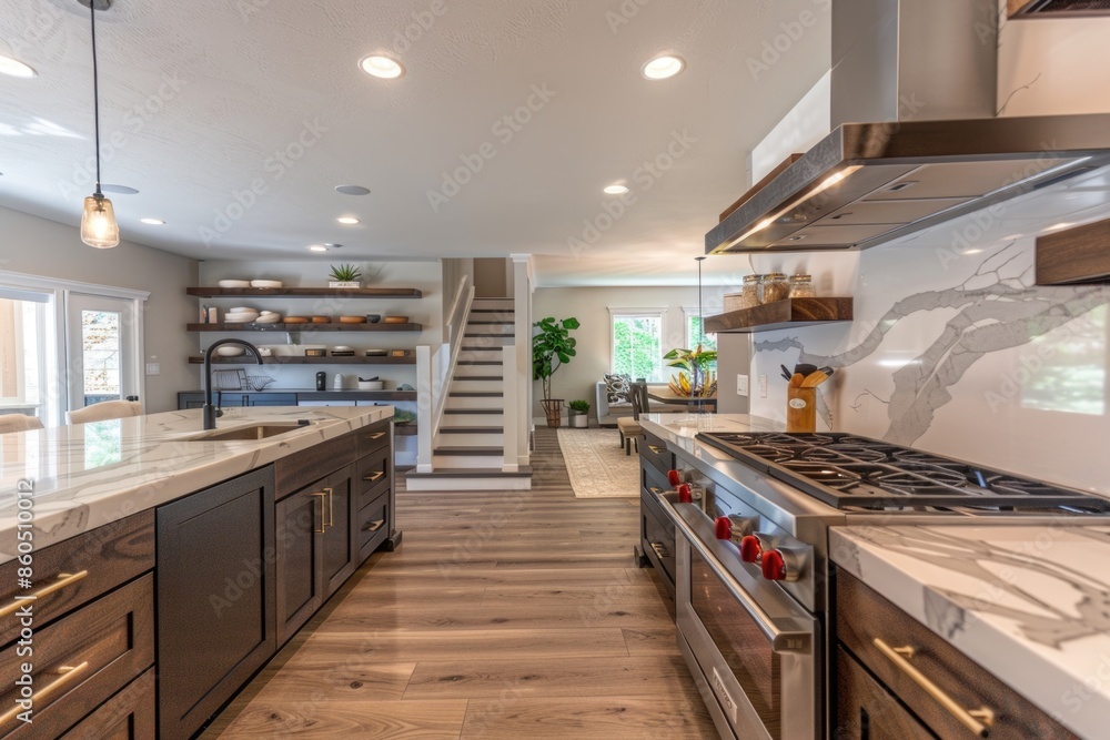 A kitchen appliance sits at the bottom of a staircase, providing cooking functionality A kitchen appliance sits at the bottom of a staircase, providing cooking functionality