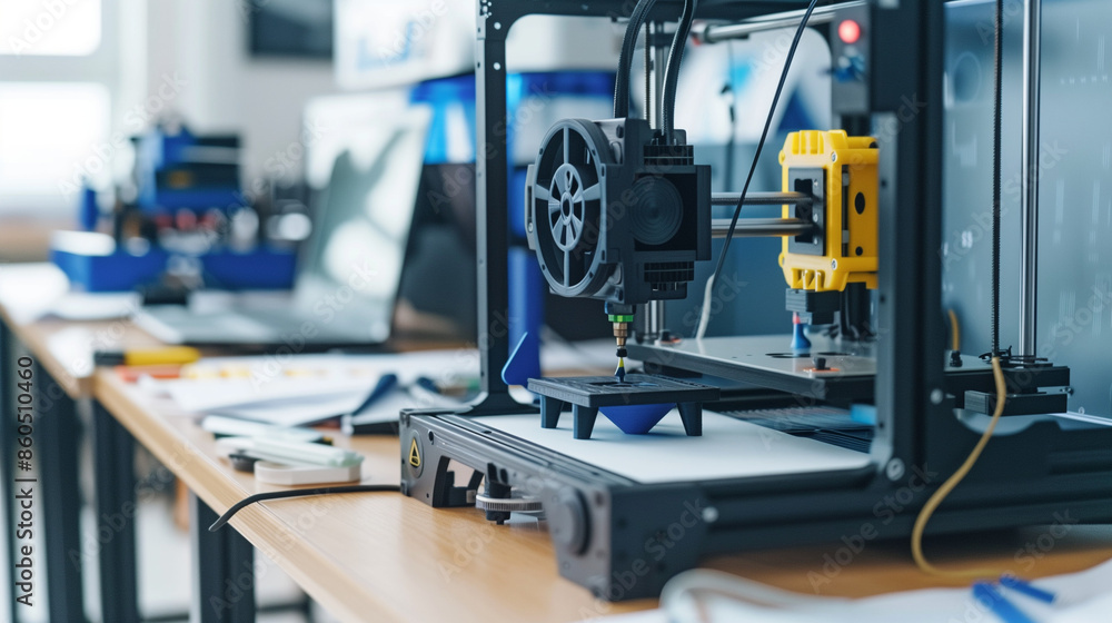 On the table in the workshop there is a precise SLA 3D printer and a laptop. All this symbolizes the advanced possibilities of three-dimensional printing. On the table in the workshop there is a precise SLA 3D printer and a laptop. All this symbolizes the advanced possibilities of three-dimensional printing.