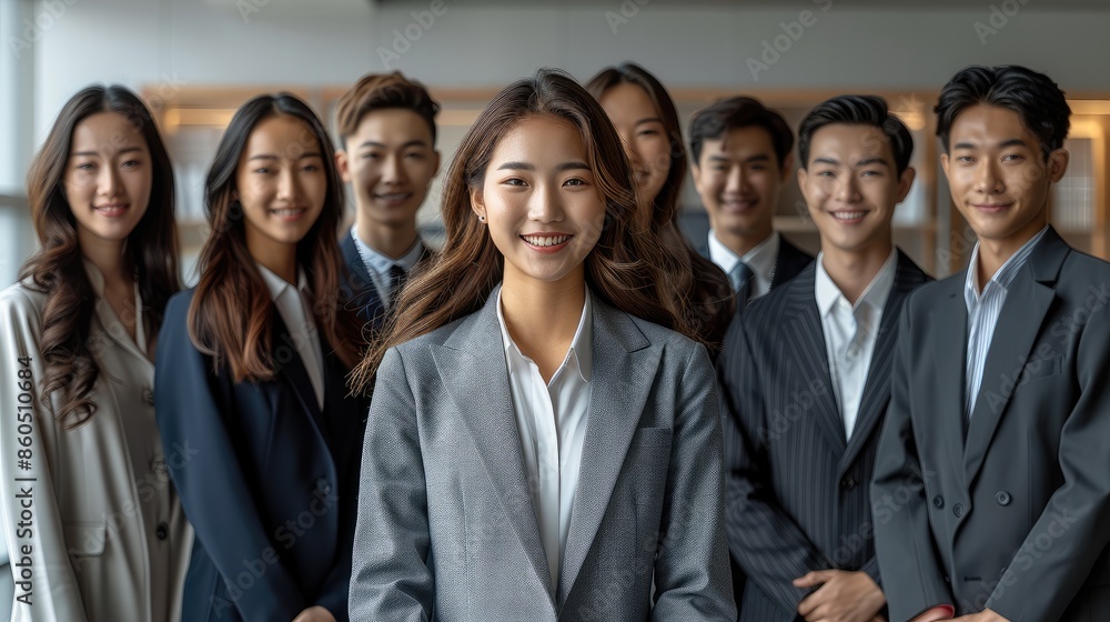 A group of good-looking Asian business people in modern office, They are smiling with confidence, isolated on white background. Generative AI. A group of good-looking Asian business people in modern office, They are smiling with confidence, isolated on white background. Generative AI.