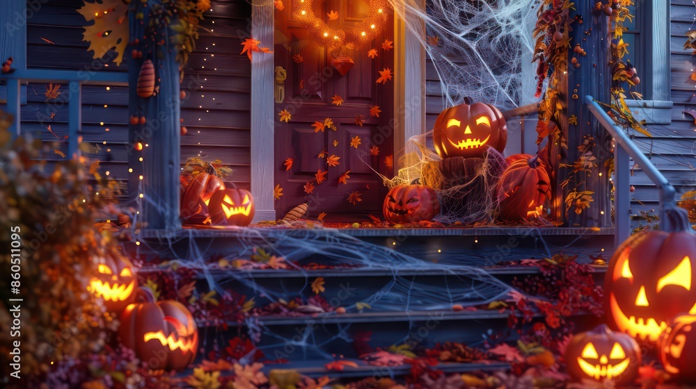 A festive image of a porch decorated with glowing jack-o'-lanterns, autumn leaves, and spooky cobwebs A festive image of a porch decorated with glowing jack-o'-lanterns, autumn leaves, and spooky cobwebs