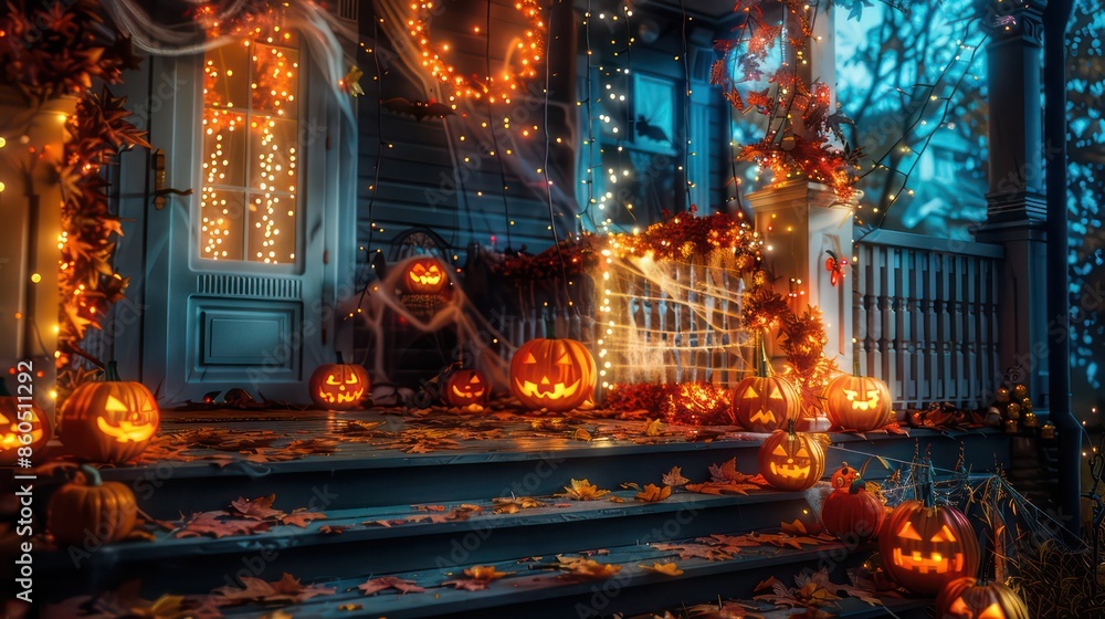 Obraz premium A festive image of a porch decorated with glowing jack-o'-lanterns, autumn leaves, and spooky cobwebs