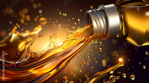 Engine oil bottle with splashes and drops, promoting a synthetic or mineral oil change service for car engines.