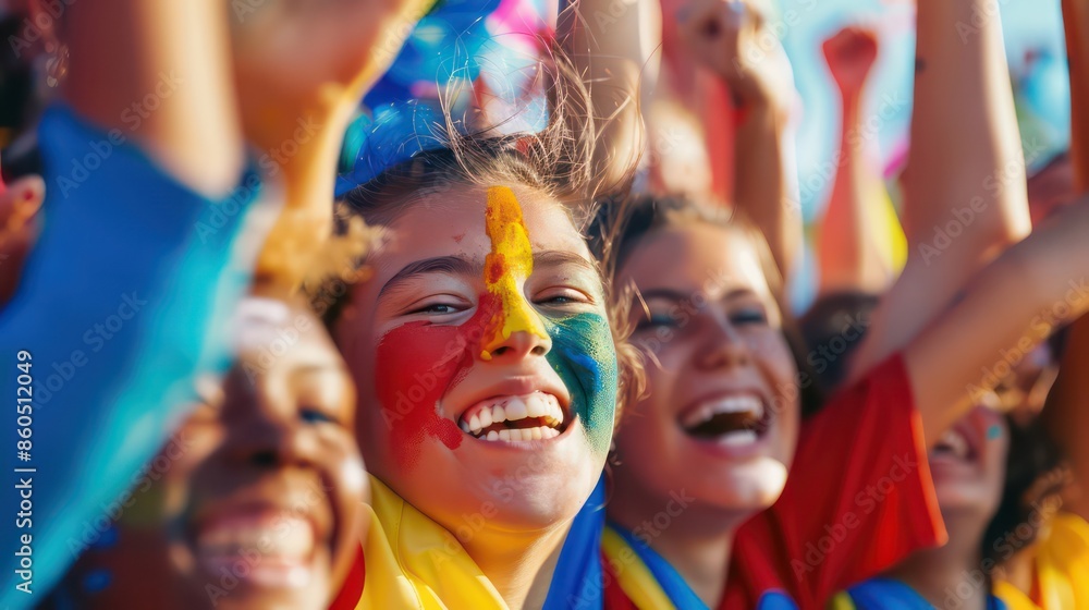 A group of students cheering during a school sporting event, their faces painted with school colors A group of students cheering during a school sporting event, their faces painted with school colors