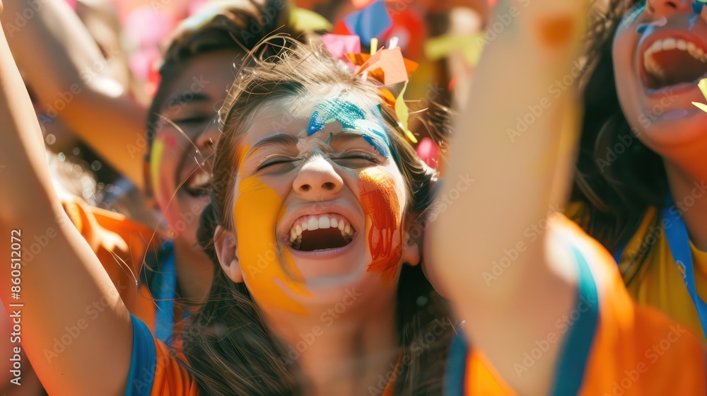 A group of students cheering during a school sporting event, their faces painted with school colors A group of students cheering during a school sporting event, their faces painted with school colors