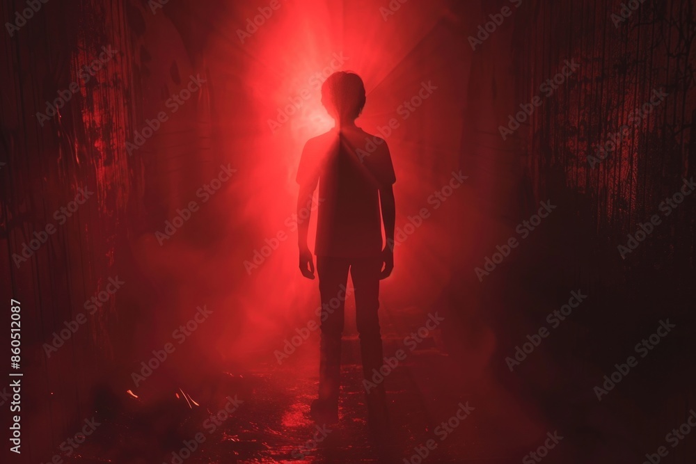 Obraz premium A person stands in a dimly lit room, illuminated only by a faint red glow