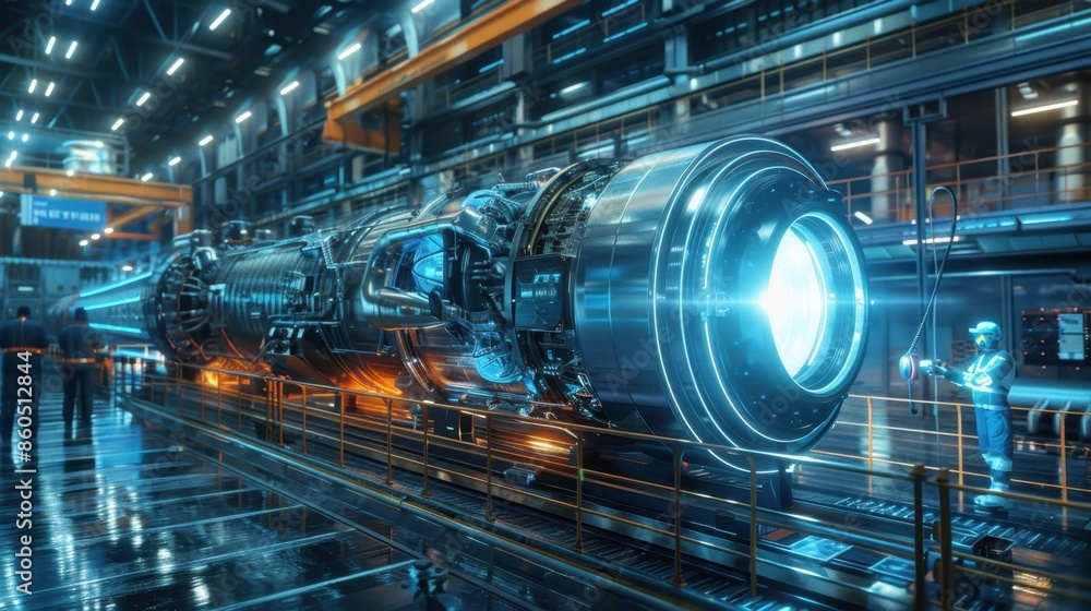 Detailed view of an aircraft engine being assembled, digital art, with technicians using precision tools and advanced machinery in a clean, high-tech facility. Detailed view of an aircraft engine being assembled, digital art, with technicians using precision tools and advanced machinery in a clean, high-tech facility.