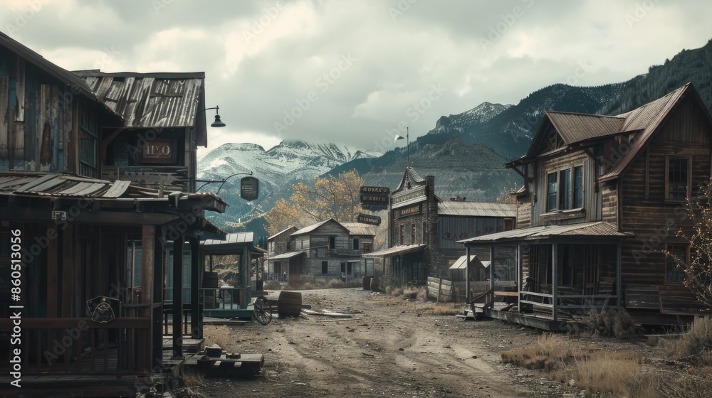 A classic western town scene with a mountain in the background A classic western town scene with a mountain in the background