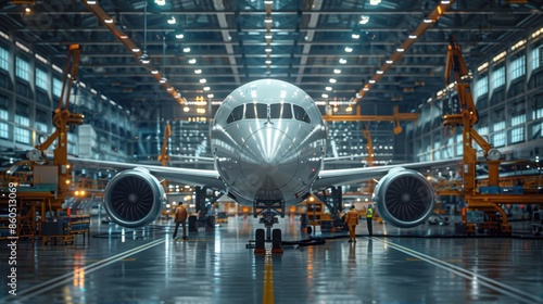 Inside a high-tech Boeing factory, showcasing the assembly line of a new commercial jet, photorealistic, with engineers and robotic arms working in unison, brightly lit and clean environment. 