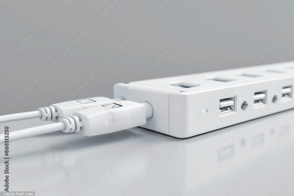 A close-up shot of a power strip connected to a computer, suitable for use in technology or office settings A close-up shot of a power strip connected to a computer, suitable for use in technology or office settings