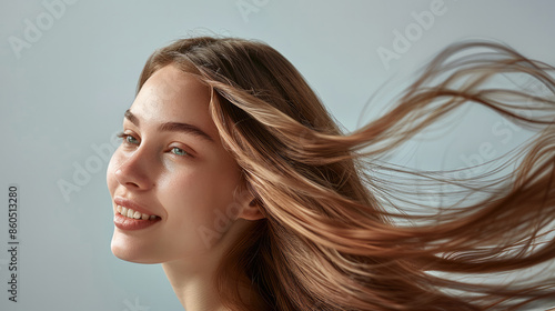 Woman brunette healthy long hair turning her head that the hair is swinging through the air, heavy hair, she smiling. Generative AI.