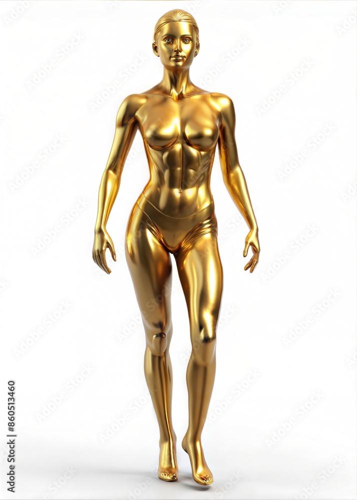 Golden Female Figure Walking on White Background. Generative AI Golden Female Figure Walking on White Background. Generative AI