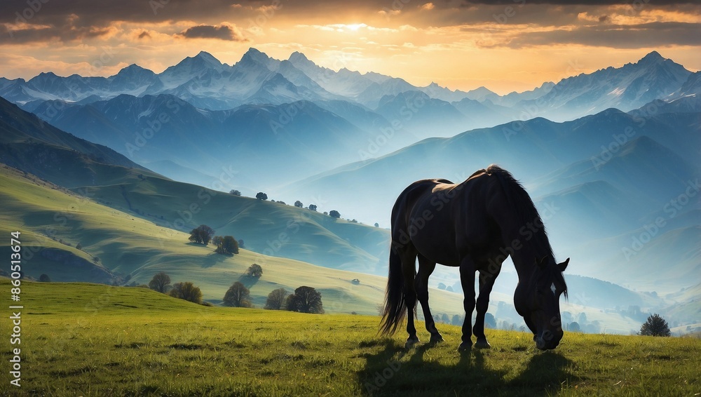 Stallion Silhouette Grazing Peacefully in Meadow Shadows Stallion Silhouette Grazing Peacefully in Meadow Shadows