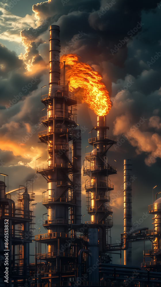 Fototapeta premium gas flaring from a refinery stack, captured in a hyper-realistic scene that highlights its role in clean energy production