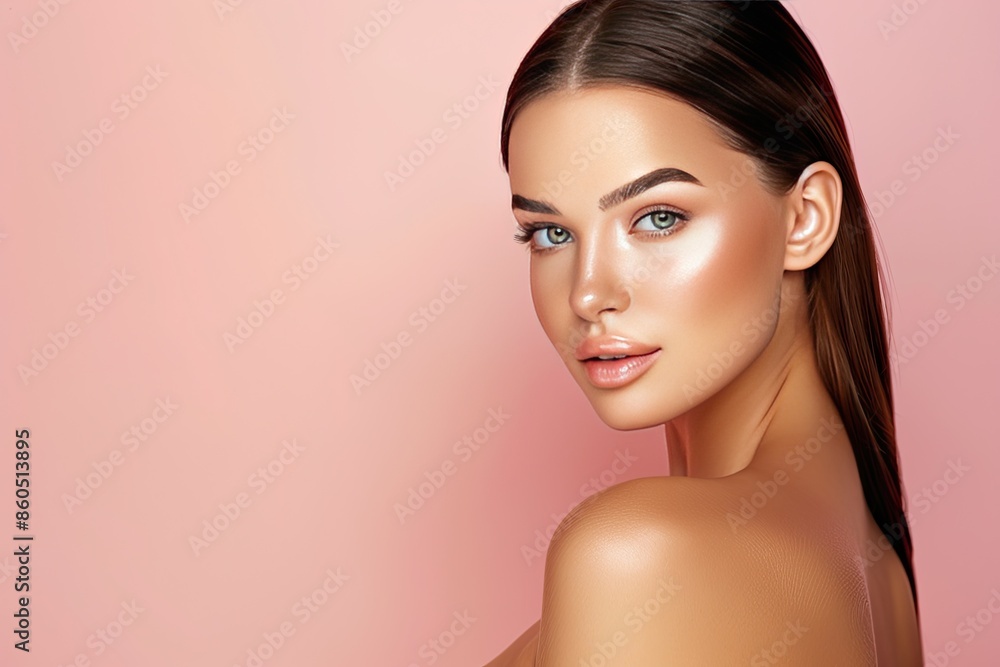 Portrait of a young woman with smooth skin and natural makeup against a pink background, highlighting beauty and skincare. Portrait of a young woman with smooth skin and natural makeup against a pink background, highlighting beauty and skincare.