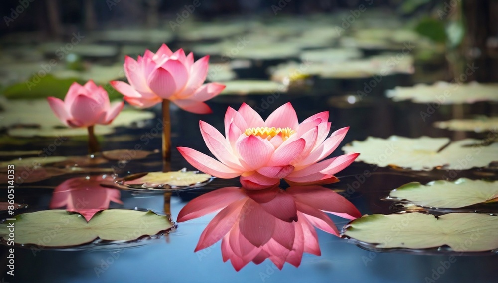Beautiful Pink Lotus, water plant with reflection in a pond
Beautiful Pink Lotus, water plant with reflection in a pond