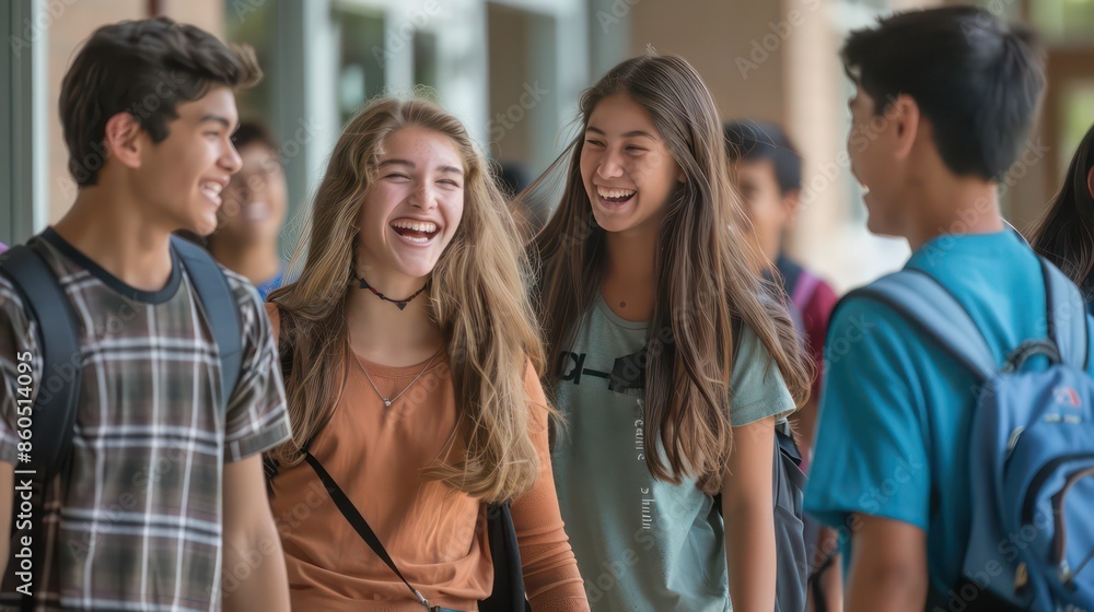 Fototapeta premium A group of students laughing and chatting as they walk out of a school building