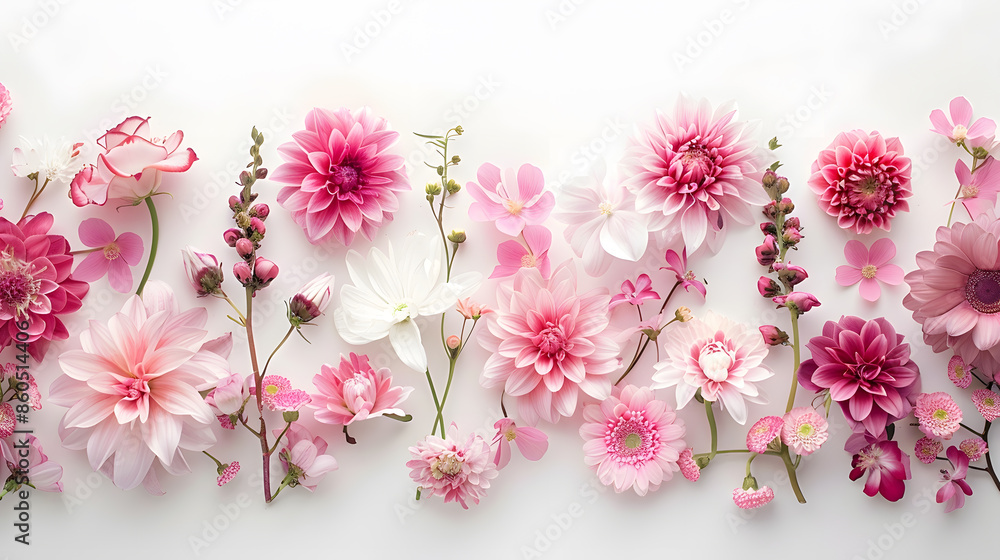 Pink floral assorted pink flower border on white background : Generative AI Pink floral assorted pink flower border on white background : Generative AI