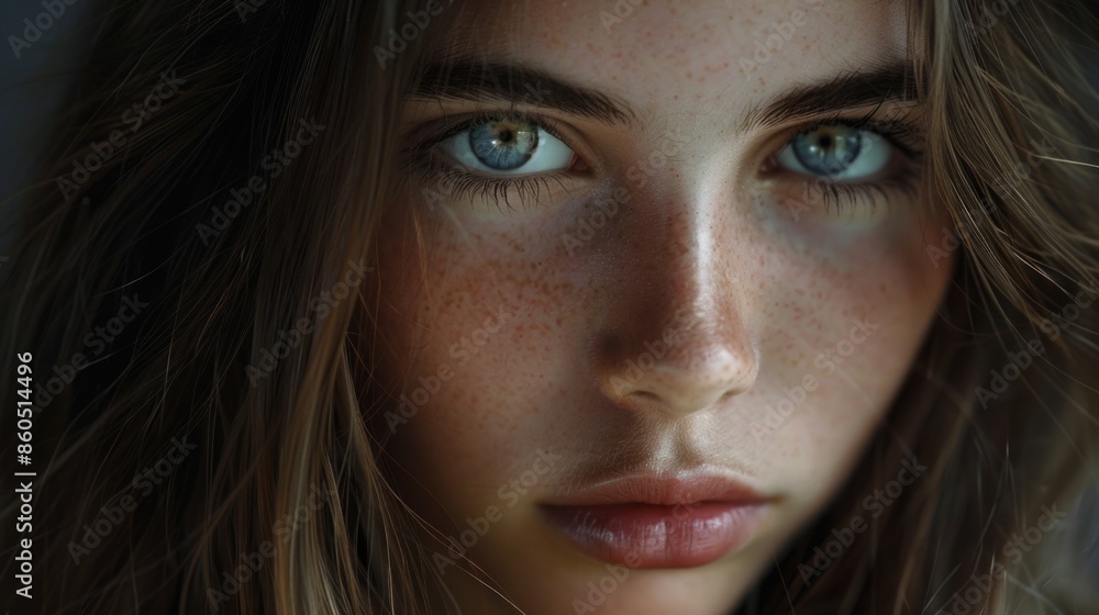 Close-up portrait of a woman with distinctive freckles on her face Close-up portrait of a woman with distinctive freckles on her face