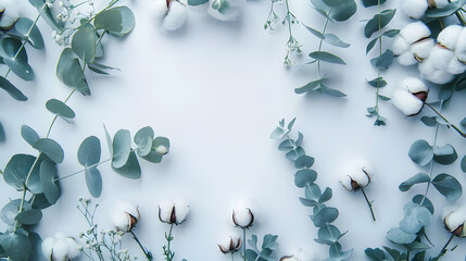 Flowers composition Frame made of fresh eucalyptus branches and cotton flowers Flat lay top view copy space : Generative AI