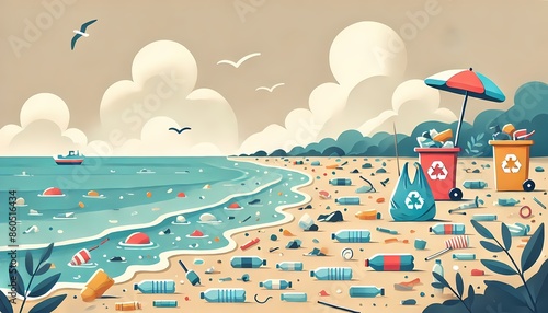 Plastic Pollution Minimalist Illustration with Beach Debris © ITrWorks