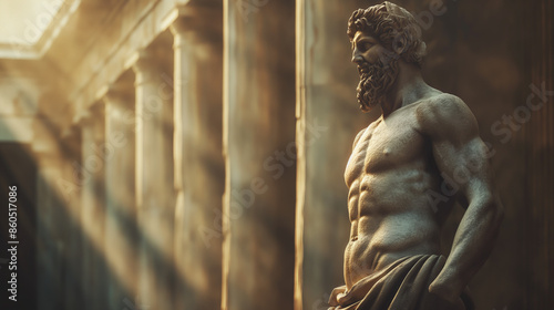 A statue of a muscular man with a beard stands in front of a row of ancient columns in the ruins of an ancient temple, bathed in golden light that shines on the sculpture, creating a stunning effect. photo