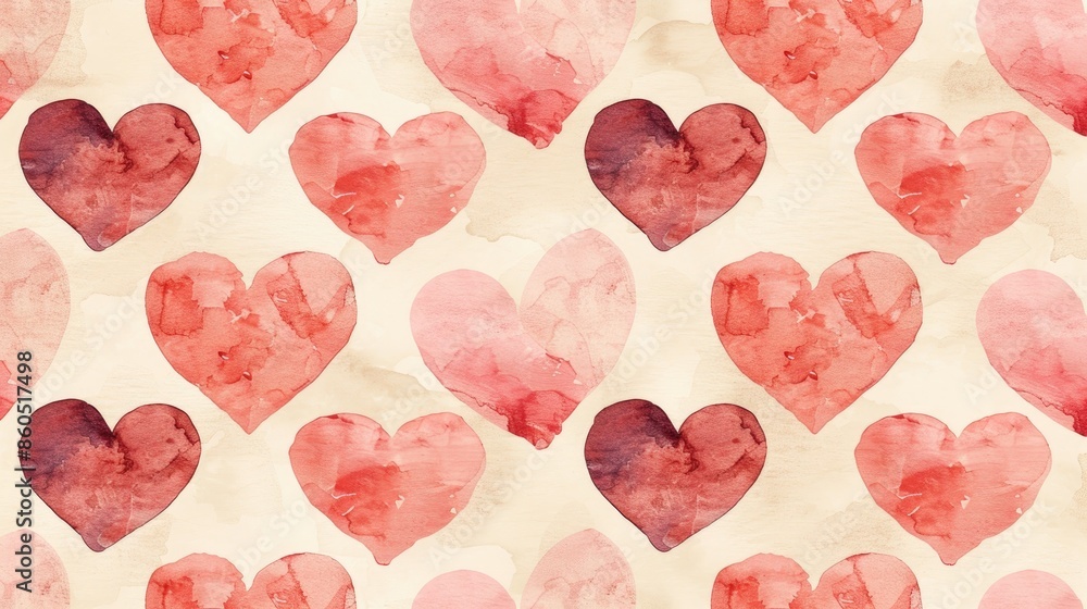 Seamless watercolor heart pattern in shades of pink and red on a beige background. Perfect for Valentine's Day and romantic designs. Seamless watercolor heart pattern in shades of pink and red on a beige background. Perfect for Valentine's Day and romantic designs.