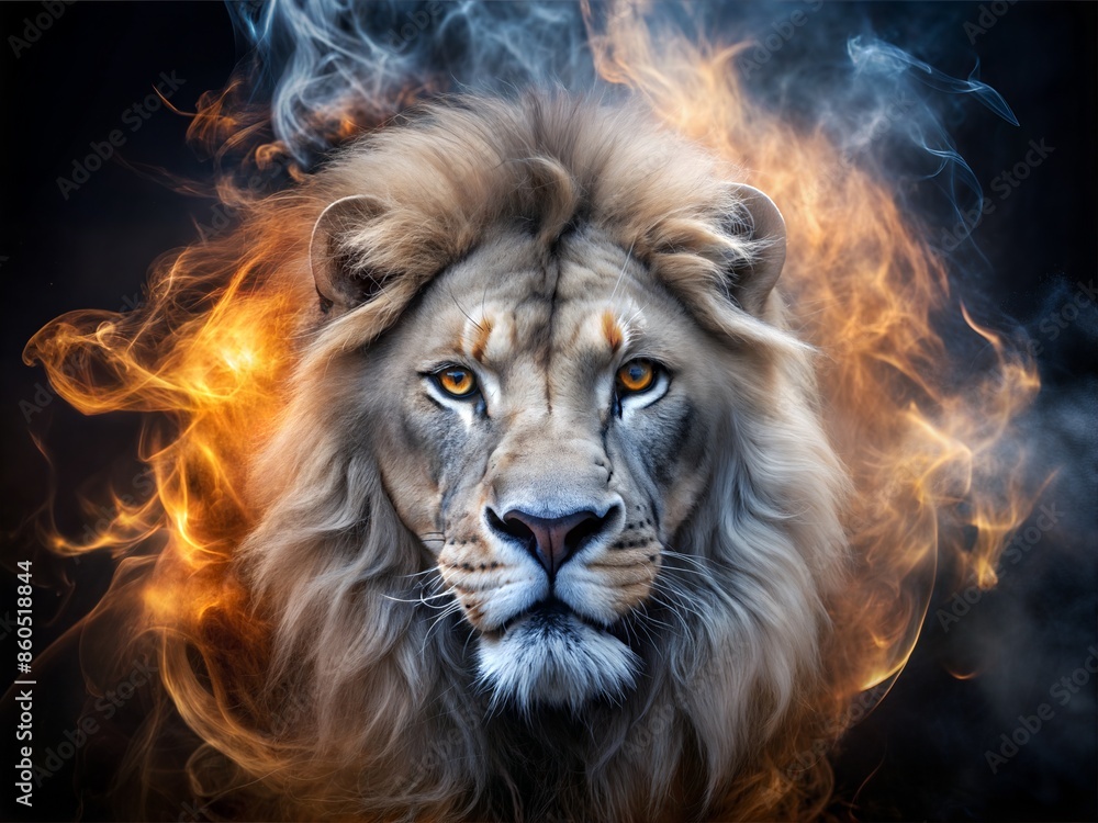 Fototapeta premium Fiery Lion Portrait With Smoke and Flames. Generative AI