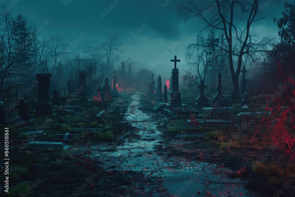 A dark cemetery illuminated by red lights on a dark night, suitable for use in scenes of mystery, thriller or horror A dark cemetery illuminated by red lights on a dark night, suitable for use in scenes of mystery, thriller or horror