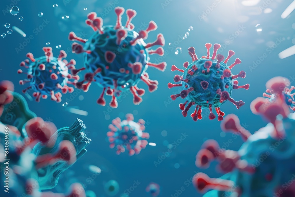 A group of corona cells on a blue background, useful for medical or educational purposes A group of corona cells on a blue background, useful for medical or educational purposes