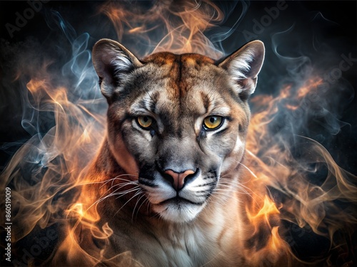 Fierce Cougar Portrait With Flames and Smoke Background. Generative AI photo