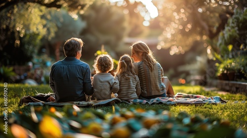 A family having a picnic in the backyard, with an elderly couple and their grandchildren © siripimon2525