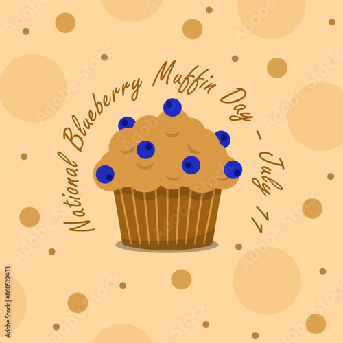 National Blueberry Muffin Day event food banner. A muffin with blueberry topping on light brown background to celebrate on July 11th