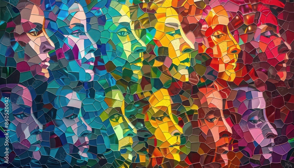 A palette of vibrant jewel tones intertwines, each small face contributing to an artistic mosaic, forming a unified abstract image symbolizing diversity in harmony. Full ultra HD A palette of vibrant jewel tones intertwines, each small face contributing to an artistic mosaic, forming a unified abstract image symbolizing diversity in harmony. Full ultra HD