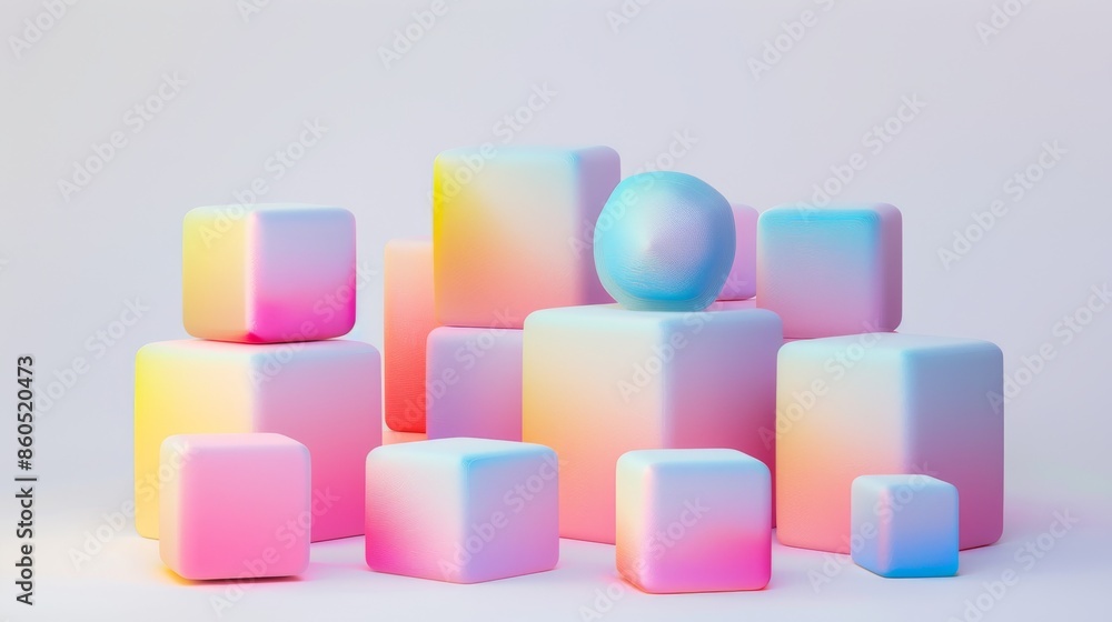 Abstract Pastel Geometric Shapes Composition with Colorful Gradient Cubes and Sphere Abstract Pastel Geometric Shapes Composition with Colorful Gradient Cubes and Sphere