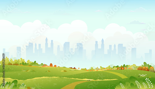 Spring landscapes blue sky,cloudscape,city park in the morning,Vector cartoon Summer season in the garden urban park with clouds,sky background