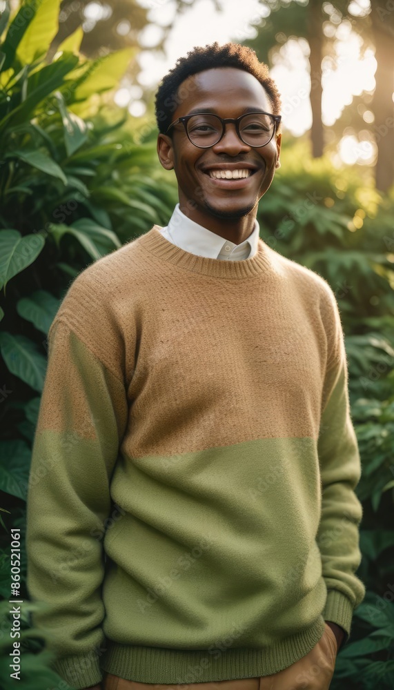 A stylish African man smiling in a casual sweater and glasses on a green background A stylish African man smiling in a casual sweater and glasses on a green background