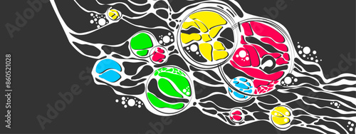 Vector colored background frame. Design of plex of chaotic circles, spheres, lines. Garland.  Neurotrophic texture of network. Cosmic conjunction of planets. Banner for presentations, business.