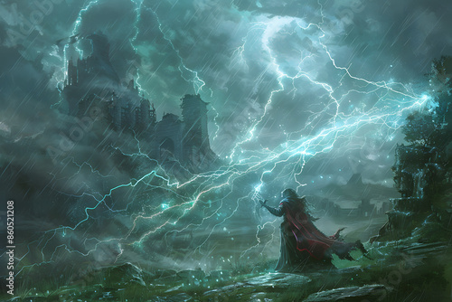 A high-resolution illustration of a dragonborn sorcerer casting a lightning spell, with electric sparks and a stormy sky, set against a backdrop of a ruined castle