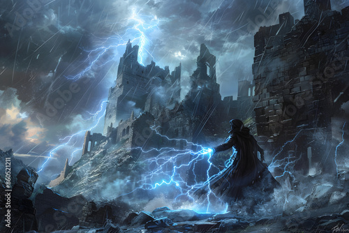 A high-resolution illustration of a dragonborn sorcerer casting a lightning spell, with electric sparks and a stormy sky, set against a backdrop of a ruined castle