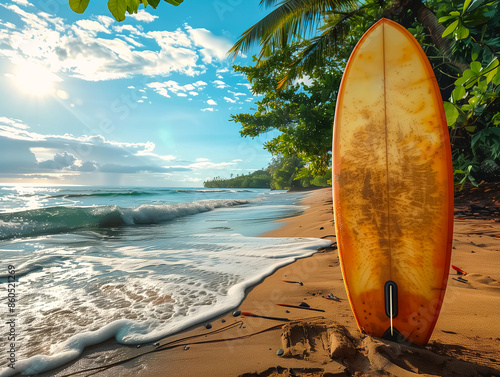 surfboard stands on a sandy beach, with gentle waves and lush greenery in the background, under a clear blue sky photo