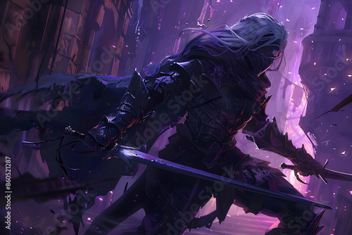 A high-resolution illustration of a drow assassin poised to strike from the shadows, with twin daggers and dark, intricate armor, set against the backdrop of an underground city