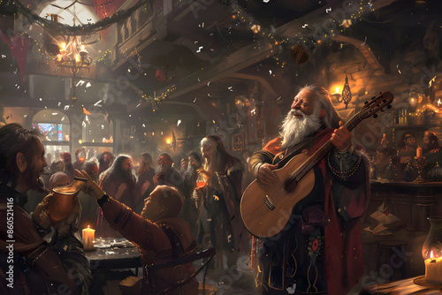 A high-resolution illustration of a gnome bard entertaining a crowd with a lute, with magical musical notes floating in the air, set in a lively tavern 