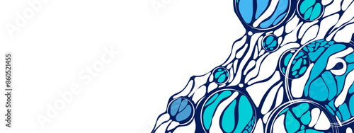 Vector blue background frame. Design  plex of chaotic circles, spheres, lines. Neurotrophic texture of  network. Cosmic pattern. Poster presentations, business, science, computer screensaver. 