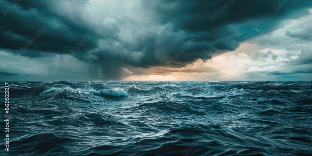 Fototapeta premium A dramatic scene of a stormy ocean with dark clouds, perfect for use in weather or travel related contexts