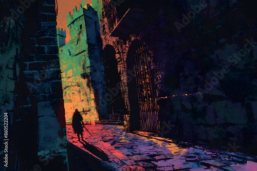A vibrant illustration of a halfling rogue sneaking through a dark alley, with shadows and hidden dangers, set in a medieval city