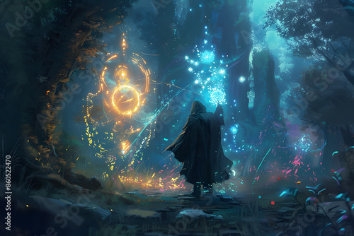 A vibrant illustration of a high elf wizard casting a protective barrier, with glowing runes and ethereal light, set in a mystical forest  photo