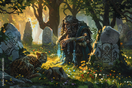 A vibrant illustration of a half-orc druid communing with nature, surrounded by animals and plants, set in an ancient grove with mystical symbols carved into the stones photo