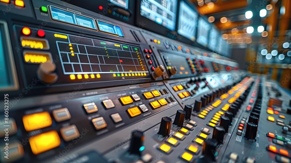 Close-up view of a recycling facility control room, monitoring the recycling process through screens and controls. Generative AI. Close-up view of a recycling facility control room, monitoring the recycling process through screens and controls. Generative AI.